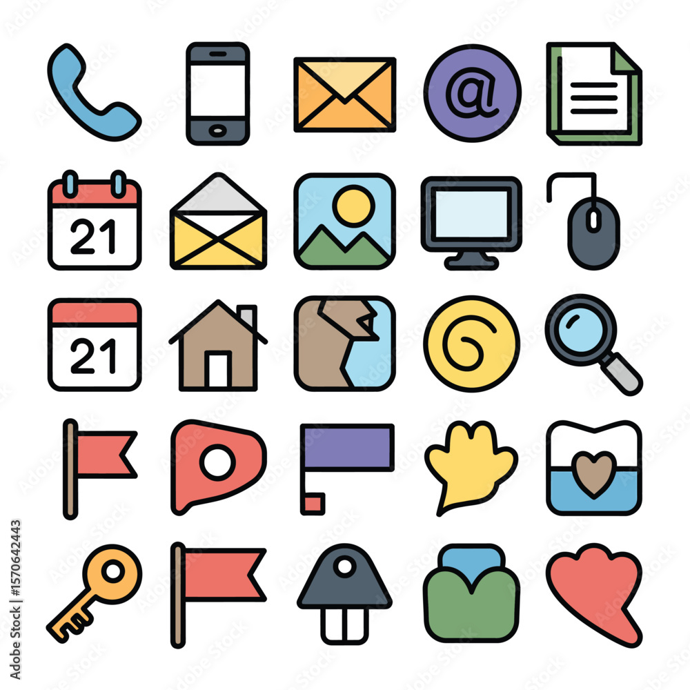 Poster collection of colorful flat design icons representing communication technology and web elements incl