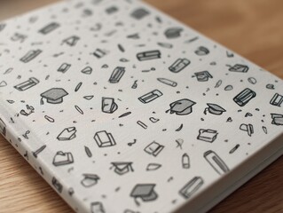 A closed notebook rests on a light wood surface. Its cover features a repeating pattern of hand-drawn graduation caps, books, and pencils in grayscale