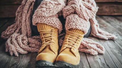 Stay Warm with Cozy Boots and a Knitted Scarf on Wooden Floor Background