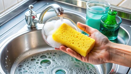 A hand holding a sponge with dish soap bubbles on it in a sink , utensil, liquid,  utensil, liquid