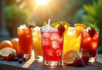 Fototapeta premium vibrant cocktails colorful seasonal fruit garnishes refreshing summer drinks party beverage, summertime, citrus, berry, ice, glass, splash, juice, kiwi