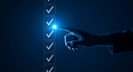 Digital Checklist with Hand Selecting an Item Representing Task Management Project Planning and Completion in a Modern Blue Aesthetic