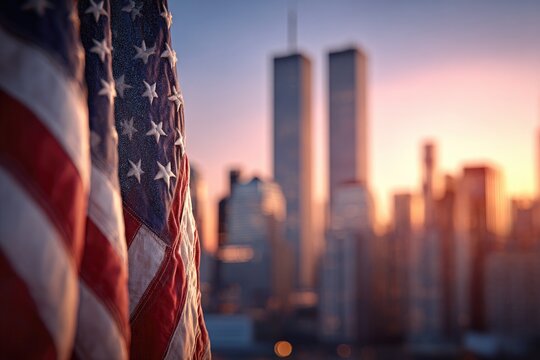 American flag waves gently in foreground, reflecting light from