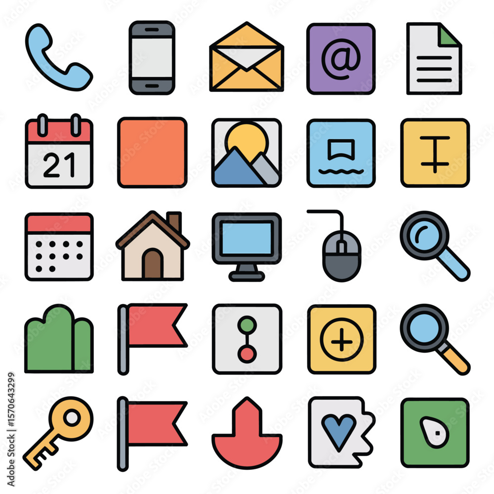 Poster collection of colorful flat design icons representing communication technology and web interface ele