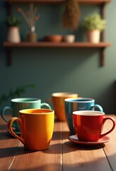 Fototapeta premium vibrant coffee mugs contrast warm cool colors aesthetic still life visual harmony, beverage, ceramic, design, modern, texture, liquid, table, studio