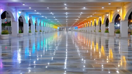 Colorful Illuminated Hallway with Rainbow Reflections at Night