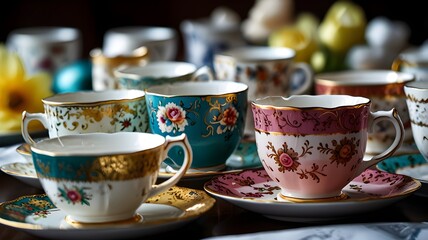 A set of elegant teacups and saucers ready for service 