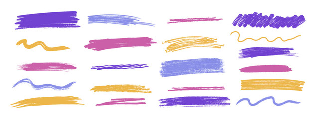 Multicolored chalk underline and scrawl brush stroke set. Hand drawn pastel lines, squiggles, and highlight elements. Vector illustration.