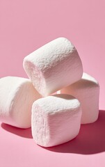A close-up of four fluffy, white marshmallows piled on a vibrant pink background, cast in a soft, dramatic light