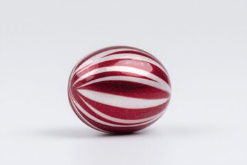 A single red and white striped sphere on a white background with soft shadows and a glossy surface
