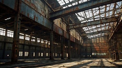Crumbling urban architecture reveals the haunting, empty interior of an old abandoned industrial factory, its metal and steel structure decaying under muted light