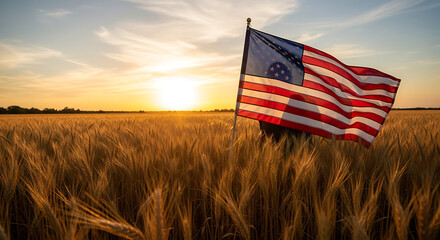 american flag in the sunset