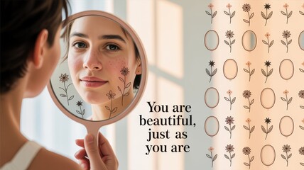 Supportive birthday greeting card featuring an uplifting message and a woman admiring her reflection in a mirror. Acne Positivity Day
