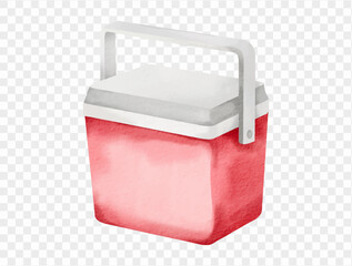 Red and white beach cooler box in watercolor, ideal for picnic or summer design.