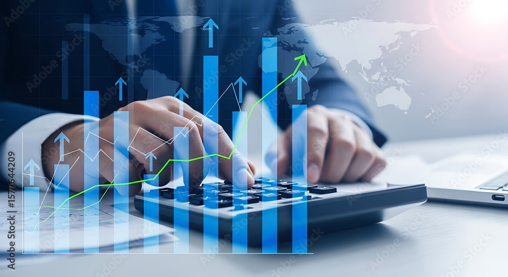 Poster financial analysis and growth strategy with data visualization calculator and world map for business