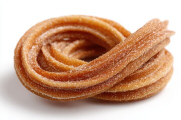 A close up view of a churro pastry arranged in a circular shape on a white background surface