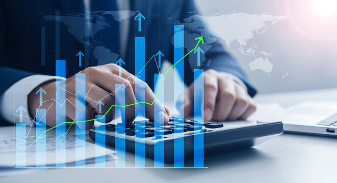 Financial Analysis and Growth Strategy with Data Visualization Calculator and World Map for Business Success and Investment Planning - Powered by Adobe