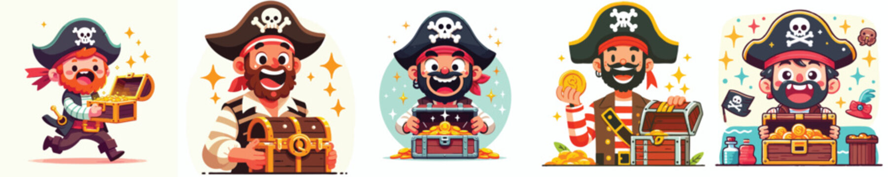 Cute Pirate with Gold Treasure Chest &ndash; Cartoon Vector Illustration