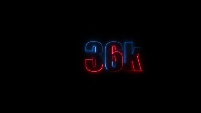 Abstract Neon Light 36K Letter Icon Animation on black background 4K Video, Thank you for 36k followers online social banner happy celebration