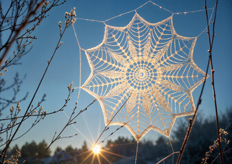 shows a beautiful spider web, illuminated by sunlight, with dew drops or frost hanging from its threads, creating a sparkling effect against the blue sky. The web is set against the backdrop of a suns