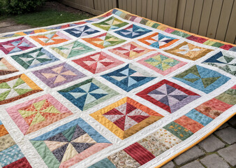 shows a colorful quilt with various geometric patterns, including pinwheels and other shapes, laid out on a paved surface outdoors. The quilt features a range of pastel and vibrant colors, creating a 