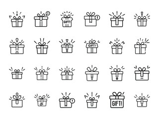 Gift Box with Exclamation Mark Icon Silhouettes – Alert Notification Present Box Set, Line Style Surprise Boxes with Warning Signs and Emphasis Symbols on White Background