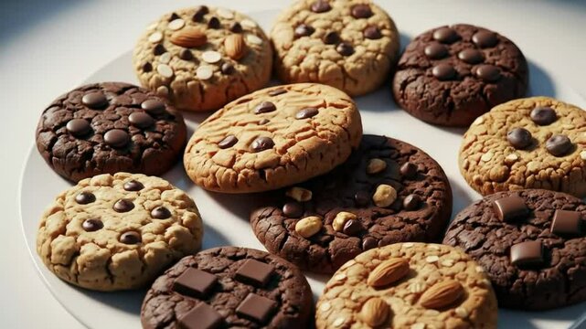 A close up shot of a variety of cookies arranged on a white plate with different toppings and flavors