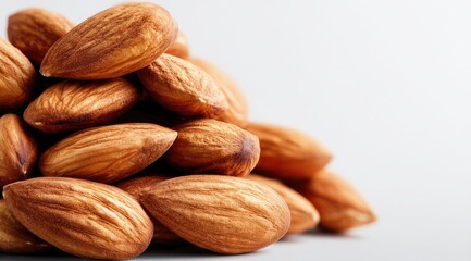 Fototapeta premium A close-up shot of a small pile of light brown almonds, sharply focused in the foreground against a blurred, light gray background. The almonds are arranged somewhat haphazardly