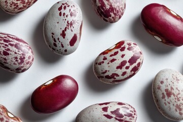A close up of speckled pinto beans and solid red kidney beans on a white surface in bright light