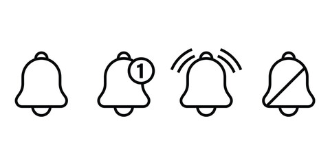Notification Bell Icons Set. Alert, New Notification, Ringing, and Mute Outline Symbols