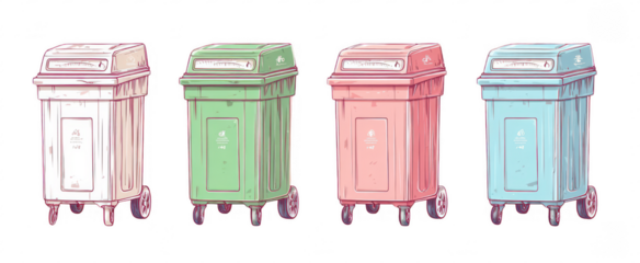 Four pastel-colored wheeled trash cans