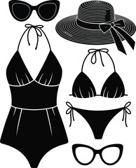 Celebrate National Bikini Day with this icon set silhouette vector of swimsuits elements isolated on white background