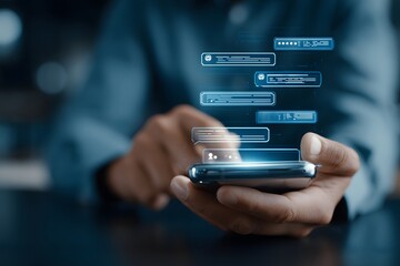 A person using a smartphone with floating digital chat messages representing real-time communication and messaging apps