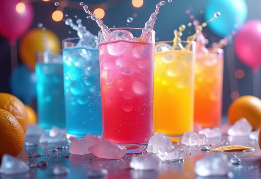 vibrant colorful fizzy drinks splashing ice refreshing party beverage celebration, soda, carbonation, liquid, glass, cocktail, fruit, texture, cool, hydration