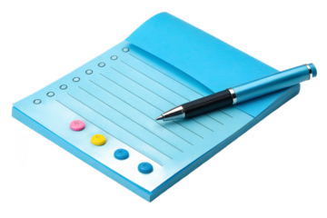 Blue Notepad with Pen and Colorful Magnets on Black