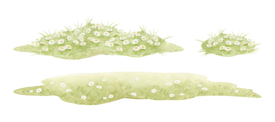 Pastel green grass with white chamomile wildflowers watercolor illustration set isolated on white. Horizontal summer blooming meadows and hills kit. Minimalist rural landscape for countryside designs