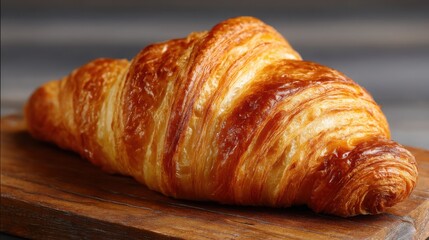 A single croissant with golden brown crust sitting on a wooden cutting board close up studio shot
