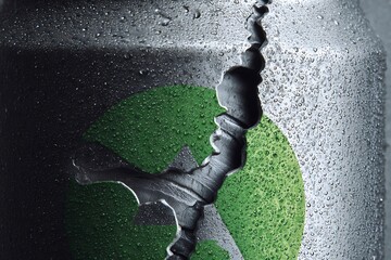 A recyclable aluminum can reveals textured surface with dents and partial cutout. Eco-product branding visualized clearly in symbolic storytelling.