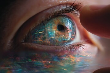 A realistic eye reflects a vast, colorful digital world within it. A fingertip presses gently against the surface, causing ripples in the data landscape contained inside