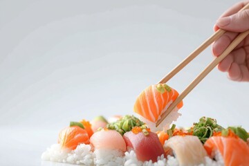 Close up of chopsticks holding a piece of salmon sushi with other sushi pieces on a white surface