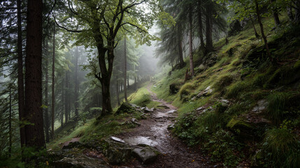 Obraz premium A realism scene featuring a quiet forest trail with morning mist