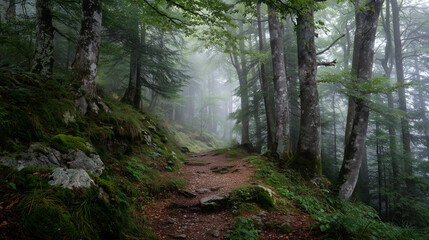A realism scene featuring a quiet forest trail with morning mist