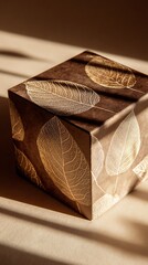 A recyclable skincare box in natural tones features leaf patterns glowing under soft studio light. Eco-luxury concept visualized for clean beauty, sustainable packaging, or brand transparency.