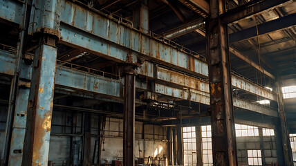 Fototapeta premium Old abandoned factory building with urban architecture and wooden scaffolding under the city sky