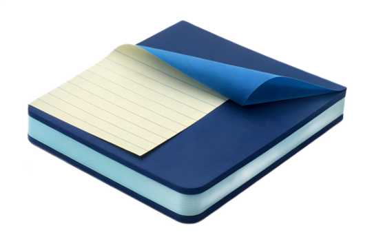 Blue notepad with lined paper, page being turned back