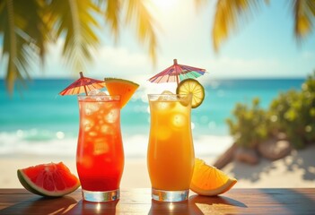 vibrant summer iced cocktails refreshing chill beachside patio colorful drinks umbrella sunshine tropical escape, beverage, sipping, outdoors, table, lemonade