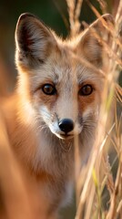 A red fox peers from tall suburban grass, eyes wide with curiosity. Background blurs into golden summer light. This isna??t just wildlife  nature watching us , wild in city , and mystery in daylight .
