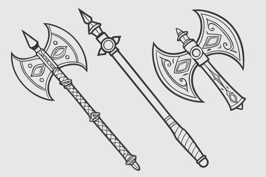  a medieval battle axe, a battle axe, a double-bladed battle axe, a battle axe with ornate detailing