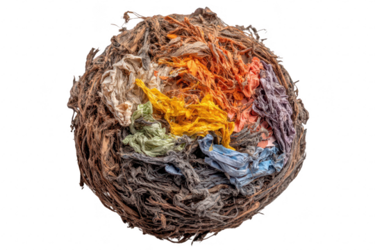 Colorful fabric scraps nestled in a textured, organic sphere