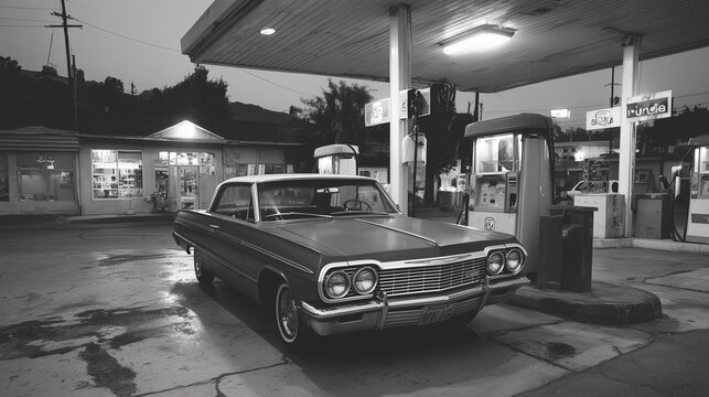 Fototapeta A realism scene featuring a vintage car parked in front of a gas station in the 60s